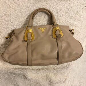 PRADA Bauletto Soft Calfskin Leather Satchel Handbag in Beige